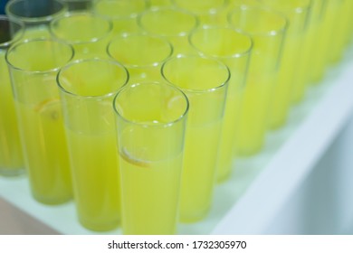  Full Lemonade Glasses Lined Up Side By Side