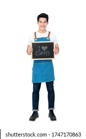 Full Lenght Of Handsome Smiling Service Minded Asian Man Barista Holding I Love Coffee Sign Isolated On White Background