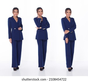 Full length of 20s Asian Business woman wear Blue office look with high heel shoes. Female stand confident feeling smile happy for business meeting client. White background isolated - Shutterstock ID 2108454722