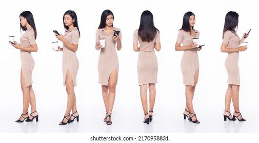 Full length 20s Asian Woman teacher business finance manager, 360 turn front side back rear view, wear formal dress. Black hair Office female feel happy smile over white background isolated - Shutterstock ID 2170958831