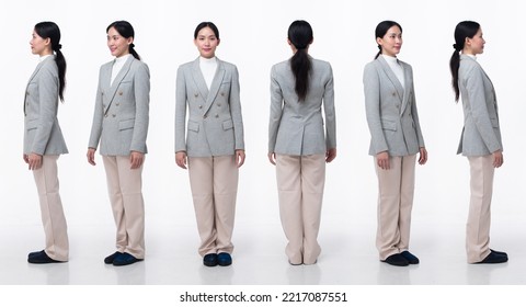 Full Length 20s Asian Woman wear formal business blazer suit  dress pant shoes. Black long straight hair female feel happy smile confident, turn 360 from side rear back view, white background isolated - Powered by Shutterstock