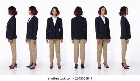 Full length 20s Asian Woman wear formal Business dress blazer high heel shoes. Black short curl hair female feel happy smile fashion vintage, 360 front side rear back over white background isolated