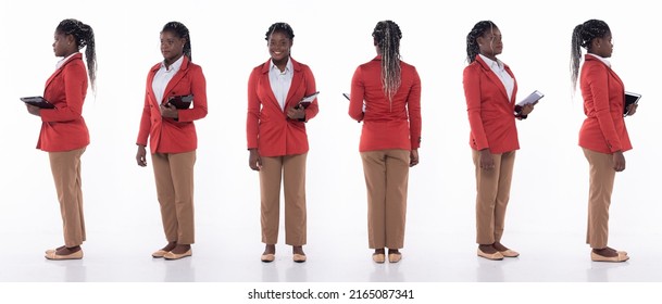 Full length 20s young African American Woman Business salesman, 360 turn front side back rear, wear formal blazer pants and shoes. Office female carry internet tablet over white background isolated - Powered by Shutterstock