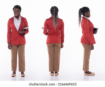 Full Length 20s Young African American Woman Business Salesman, 360 Turn Front Side Back Rear, Wear Formal Blazer Pants And Shoes. Office Female Carry Internet Tablet Over White Background Isolated