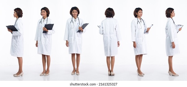 Full Length 20s Young Asian Doctor Woman Wear Stethoscope; Uniform Coat, 360 Front Side Rear Back View. Hospital Female Carry Patient Chart Data Happy Smile Over White Background Isolated