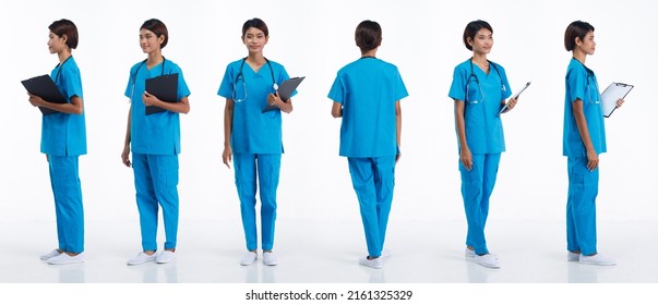 Full Length 20s Young Asian Nurse Woman Wear Stethoscope; Blue Uniform, 360 Front Side Rear Back View. Hospital Female Carry Patient Chart Data Happy Smile Over White Background Isolated