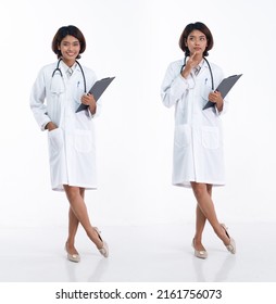 Full Length 20s Young Asian Doctor Woman Wear Stethoscope; Uniform Coat, 360 Front Side Rear Back View. Hospital Female Carry Patient Chart Data Happy Smile Over White Background Isolated