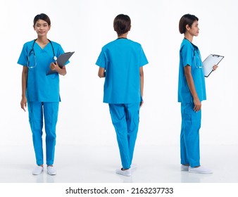 Full Length 20s Young Asian Nurse Woman Wear Stethoscope; Blue Uniform, 360 Front Side Rear Back View. Hospital Female Carry Patient Chart Data Happy Smile Over White Background Isolated