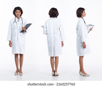 Full Length 20s Young Asian Doctor Woman Wear Stethoscope; Uniform Coat, 360 Front Side Rear Back View. Hospital Female Carry Patient Chart Data Happy Smile Over White Background Isolated