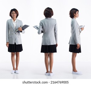 Full Length 20s Young Asian Woman Teacher Student Lawyer Wear Blazer Skirt And Shoes, Turn 360 Front Side Back View. Office Female Stand Poses Over White Background Isolated