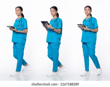 Full Length 20s Young Asian Woman Clinic Nurse, Walking Forward Left Right, Wear Blue Dress Pants Shoes Stethoscope. Smile Hospital Female Hold Patient Chart Over White Background Isolated