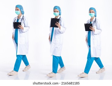 Full Length 20s Young Caucasian Hospital Doctor Woman, Walking Forward Left Right, Wear Mask Stethoscope Coat Uniform. Surgeon Female Feels Happy Smile Over White Background Isolated