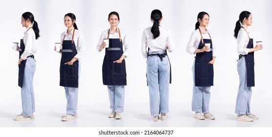 Full Length 20s Young Mix Race Barista Shop Restaurant Woman, 360 Front Side Back Rear View, Wear Apron Coffee Cup. Office Female Stands Feels Smile Happy Over White Background Isolated