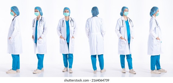 Full length 20s young Mix Race hospital Doctor Woman, 360 front side rear back view, wear mask stethoscope coat uniform. Surgeon female feels happy smile over white background isolated - Shutterstock ID 2164064739