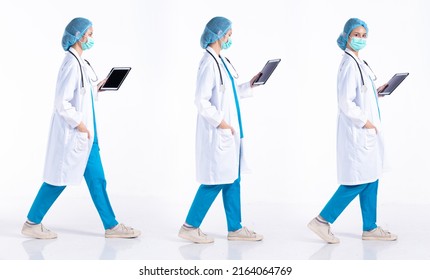 Full Length 20s Young Mix Race Hospital Doctor Woman, Walking Forward Left Right, Wear Mask Stethoscope Coat Uniform. Surgeon Female Feels Happy Smile Over White Background Isolated