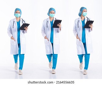 Full Length 20s Young Mix Race Hospital Doctor Woman, Walking Forward Left Right, Wear Mask Stethoscope Coat Uniform. Surgeon Female Feels Happy Smile Over White Background Isolated