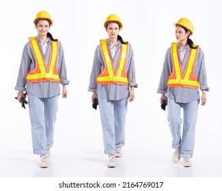 Full Length 20s Young Mix Race Engineer Contractor Woman, Walking Forward Left Right, Wear Safety Vast Hardhat Gloves. Office Female Stands Feels Smile Happy Over White Background Isolated