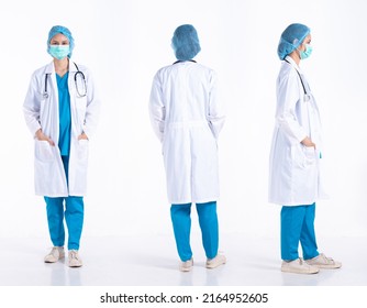 Full Length 20s Young Mix Race Hospital Doctor Woman, 360 Front Side Rear Back View, Wear Mask Stethoscope Coat Uniform. Surgeon Female Feels Happy Smile Over White Background Isolated