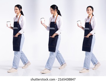 Full Length 20s Young Mix Race Barista Shop Restaurant Woman, Walking Forward Left Right, Wear Apron Coffee Cup. Office Female Stands Feels Smile Happy Over White Background Isolated