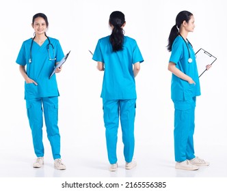 Full Length 20s Young Mix Race Hospital Nurse Woman, 360 Front Side Rear Back View, Wear Stethoscope Blue Uniform. Doctor Female Feels Smile Happy Over White Background Isolated