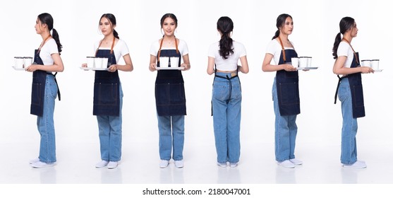 Full length 20s young Mix Race Barista shop restaurant Woman, 360 front side back rear view, wear apron coffee cup. Office female stands feels smile happy over white background isolated - Powered by Shutterstock