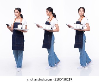 Full Length 20s Young Mix Race Barista Shop Restaurant Woman, Walking Forward Left Right, Wear Apron Coffee Cup. Office Female Stands Feels Smile Happy Over White Background Isolated