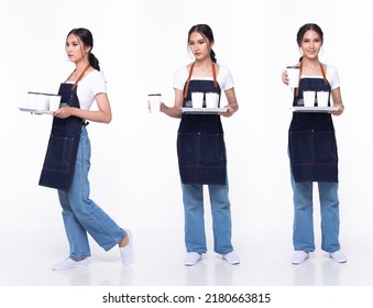 Full Length 20s Young Mix Race Barista Shop Restaurant Woman, Walking Forward Left Right, Wear Apron Coffee Cup. Office Female Stands Feels Smile Happy Over White Background Isolated