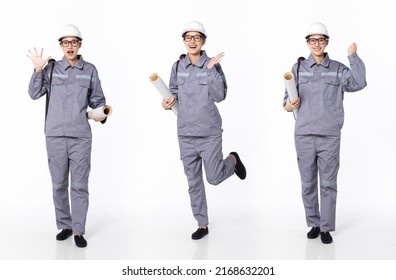Full length 30s 40s Asian Woman Engineer Industry technician, wow surprise glad shock, wear formal uniform safety gear. Smile factory female carry tube blueprint over white background isolated