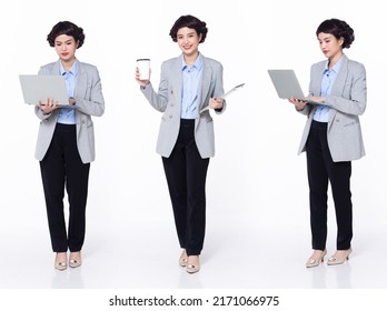 Full length 30s 40s Asian Woman teacher manager business, working hard thinking, wear formal blazer pants shoes. Smile Office female carry laptop coffee cup over white background isolated - Shutterstock ID 2171066975