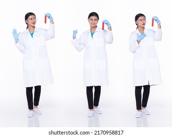 Full length 30s Asian Woman scientist science Doctor, working hard thinking, wear uniform dress. Black hair laboratory female feel happy smile wellness over white background isolated - Powered by Shutterstock