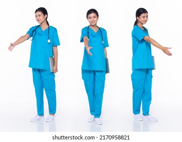 Full Length 30s Asian Woman Scientist Surgeon Doctor, Shaking Hand Act, Wear Uniform Dress. Black Hair Hospital Female Feel Happy Smile Wellness Over White Background Isolated