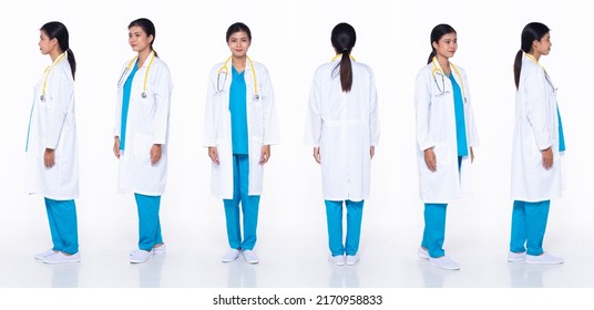 Full Length 30s Asian Woman Scientist Surgeon Doctor, 360 Front Side Back Rear, Wear Uniform Dress. Black Hair Hospital Female Feel Happy Smile Wellness Over White Background Isolated