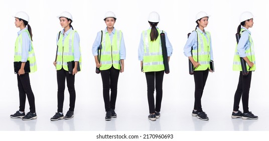 Full Length 30s Asian Woman Engineer Architect Business Client, 360 Front Side Back Rear, Wear Safety Gear Dress. Black Hair Contractor Female Feel Happy Smile Wellness Over White Background Isolated