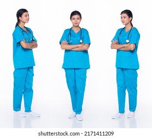 Full Length 30s Asian Woman Scientist Surgeon Doctor, Cross Arms Confident, Wear Uniform Dress. Black Hair Hospital Female Feel Happy Smile Wellness Over White Background Isolated