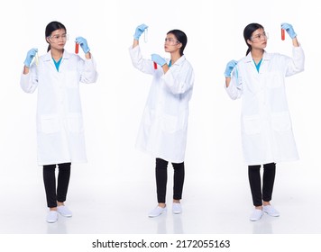 Full length 30s Asian Woman scientist science Doctor, working hard thinking, wear uniform dress. Black hair laboratory female feel happy smile wellness over white background isolated - Shutterstock ID 2172055163