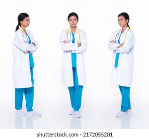 Full Length 30s Asian Woman Scientist Surgeon Doctor, Cross Arms Confident, Wear Uniform Dress. Black Hair Hospital Female Feel Happy Smile Wellness Over White Background Isolated