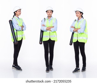 Full length 30s Asian Woman engineer architect business client, cross arms confident, wear safety gear dress. Black hair contractor female feel happy smile wellness over white background isolated - Powered by Shutterstock