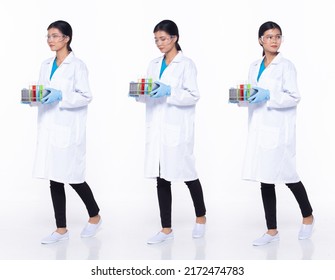 Full Length 30s Asian Woman Scientist Science Doctor, Walking Forward Left Right, Wear Uniform Dress. Black Hair Laboratory Female Feel Happy Smile Wellness Over White Background Isolated