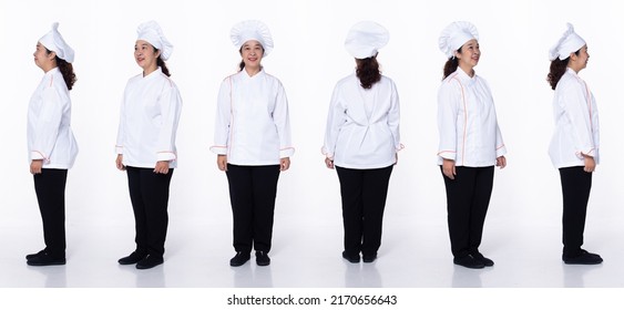 Full Length 40s 50s Asian Senior Woman Cooking Chef, 360 Front Side Back Rear, Wear White Formal Uniform Pants. Smile Restaurant Female Stands Feels Smile Happy Over White Background Isolated