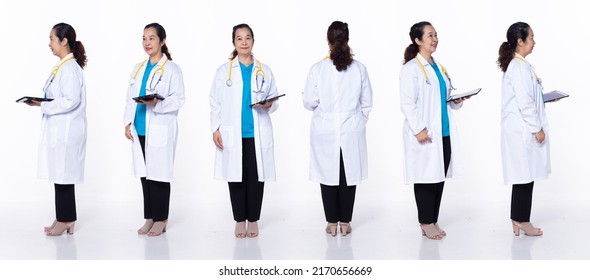 Full Length 40s 50s Asian Senior Woman Medical Healthcare Doctor, 360 Front Side Back Rear, Wear White Coat Lab Pants. Smile Hospital Female Stands Feels Smile Happy Over White Background Isolated