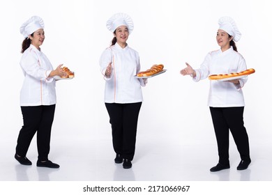 Full Length 40s 50s Asian Senior Woman Cooking Chef, Shaking Hand Act, Wear White Formal Uniform Pants. Smile Restaurant Female Stands Feels Smile Happy Over White Background Isolated