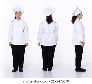 Full Length 40s 50s Asian Senior Woman Cooking Chef, 360 Front Side Back Rear, Wear White Formal Uniform Pants. Smile Restaurant Female Stands Feels Smile Happy Over White Background Isolated