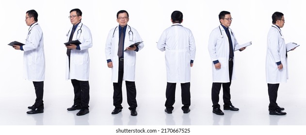 Full length 60s 50s Asian Senior man surgery medical Doctor, 360 front side back rear, wear yellow safety hardhat. Confident hospital male carry patient chart over white background isolated - Powered by Shutterstock