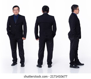 Full Length 60s 50s Asian Senior Man Business Executive Manager, 360 Front Side Back Rear, Wear Black Formal Suit. Confident Office Male Carry Internet Phone Over White Background Isolated