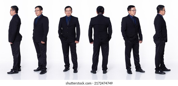 Full Length 60s 50s Asian Senior Man Business Executive Manager, 360 Front Side Back Rear, Wear Black Formal Suit. Confident Office Male Carry Internet Phone Over White Background Isolated