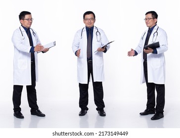 Full Length 60s 50s Asian Senior Man Surgery Medical Doctor, Shaking Hand Act, Wear Yellow Safety Hardhat. Confident Hospital Male Carry Patient Chart Over White Background Isolated