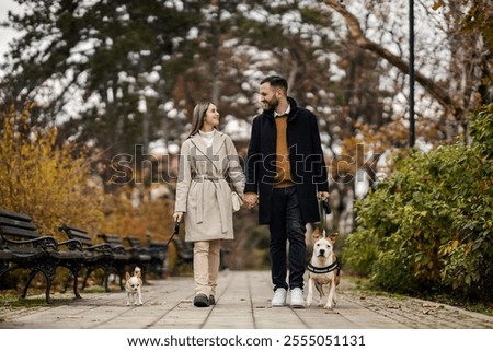 Full length of an affectionate couple taking a walk in city park with their pets dogs.
