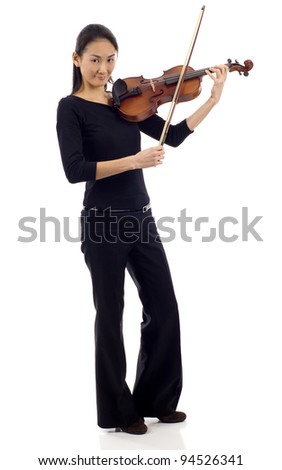 Full length of an Asian woman playing the violin isolated over white background
