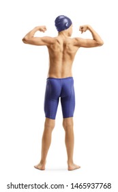 Full Length Back Shot Of A Young Male Swimmer Flexing His Muscles Isolated On White Background