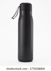 Full Length Black Waterbottle. Isolated On White Background.